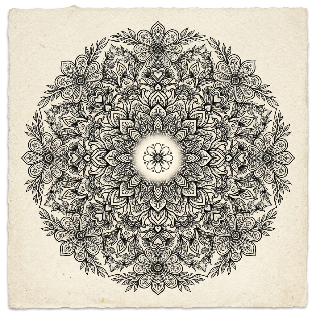 Heart mandala ink drawing